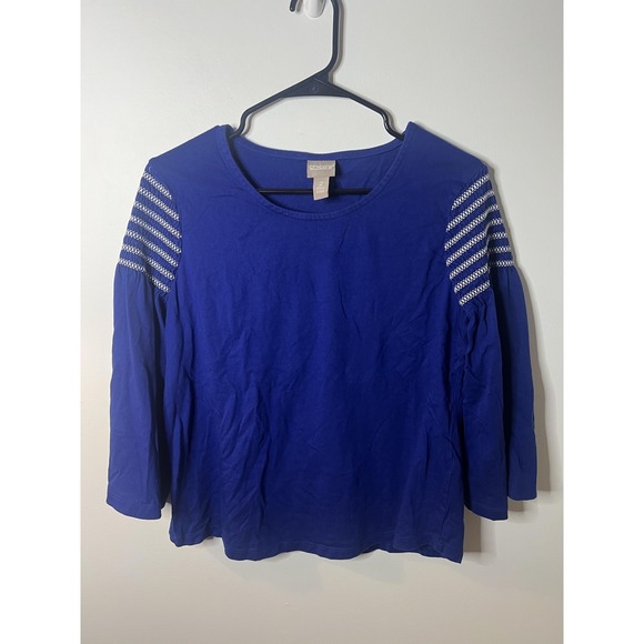 Chico's Tops - Chicos Shirt Wm LG Blue 3/4 Sleeve Smocked Shoulder Cotton Modal Top Boho Casual